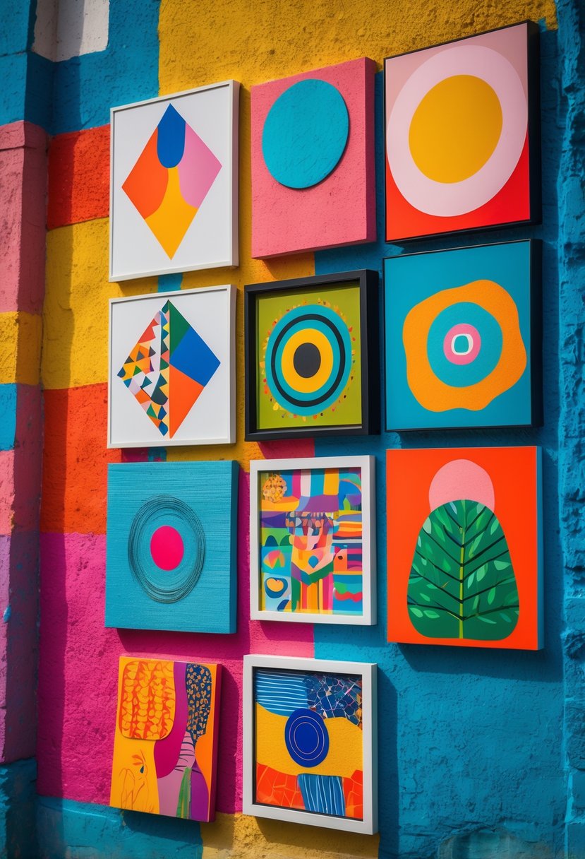A collage of eight colorful and diverse pieces of wall art arranged closely on a textured wall.