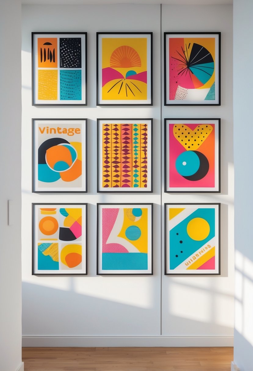 A wall displaying eight colorful framed art prints arranged in two rows.