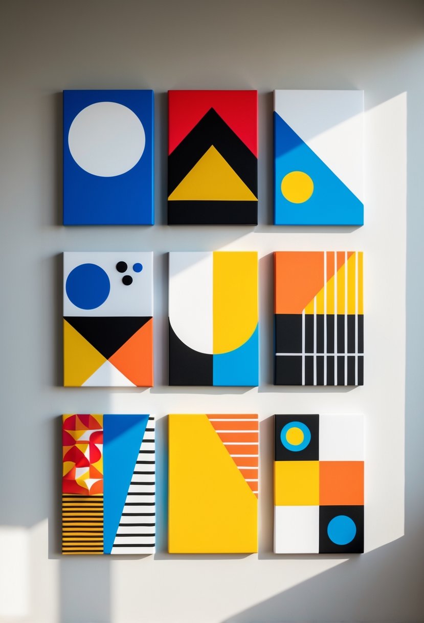 Eight colorful canvases with geometric patterns hanging on a plain wall.