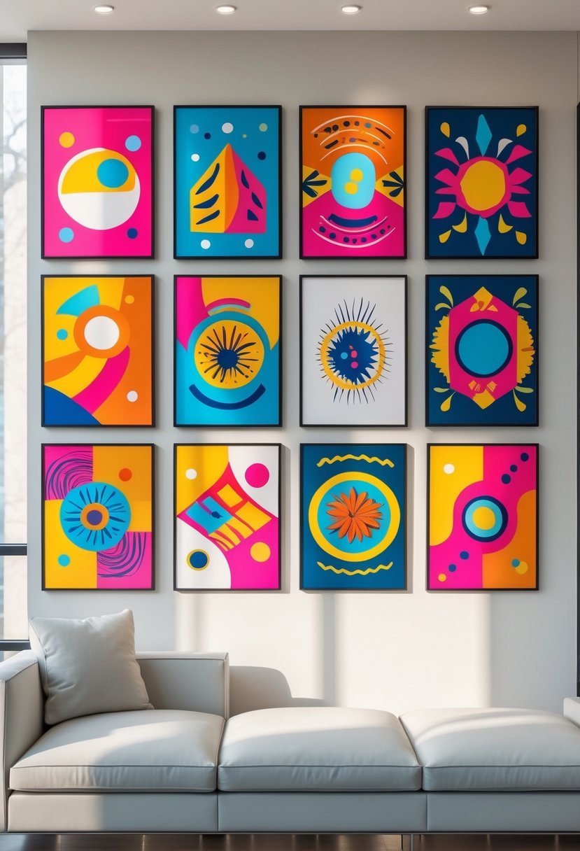 Eight colorful and vibrant wall art pieces displayed on a neutral wall in a modern interior setting.