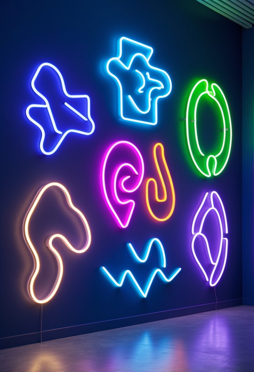 A wall decorated with eight colorful glowing neon art pieces in various abstract shapes.
