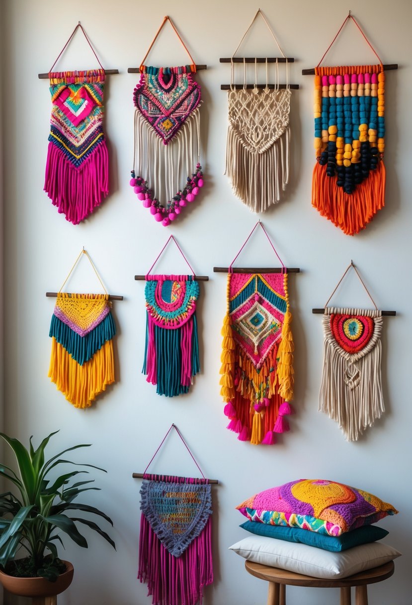 Eight colorful handmade wall hangings displayed on a plain wall.
