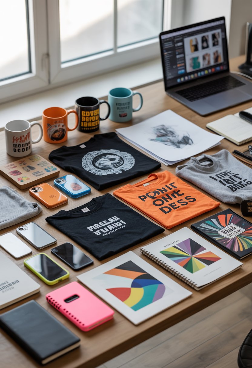A workspace with various print on demand products like t-shirts, mugs, phone cases, tote bags, notebooks, and art prints arranged on a desk with a laptop and sketchbook nearby.