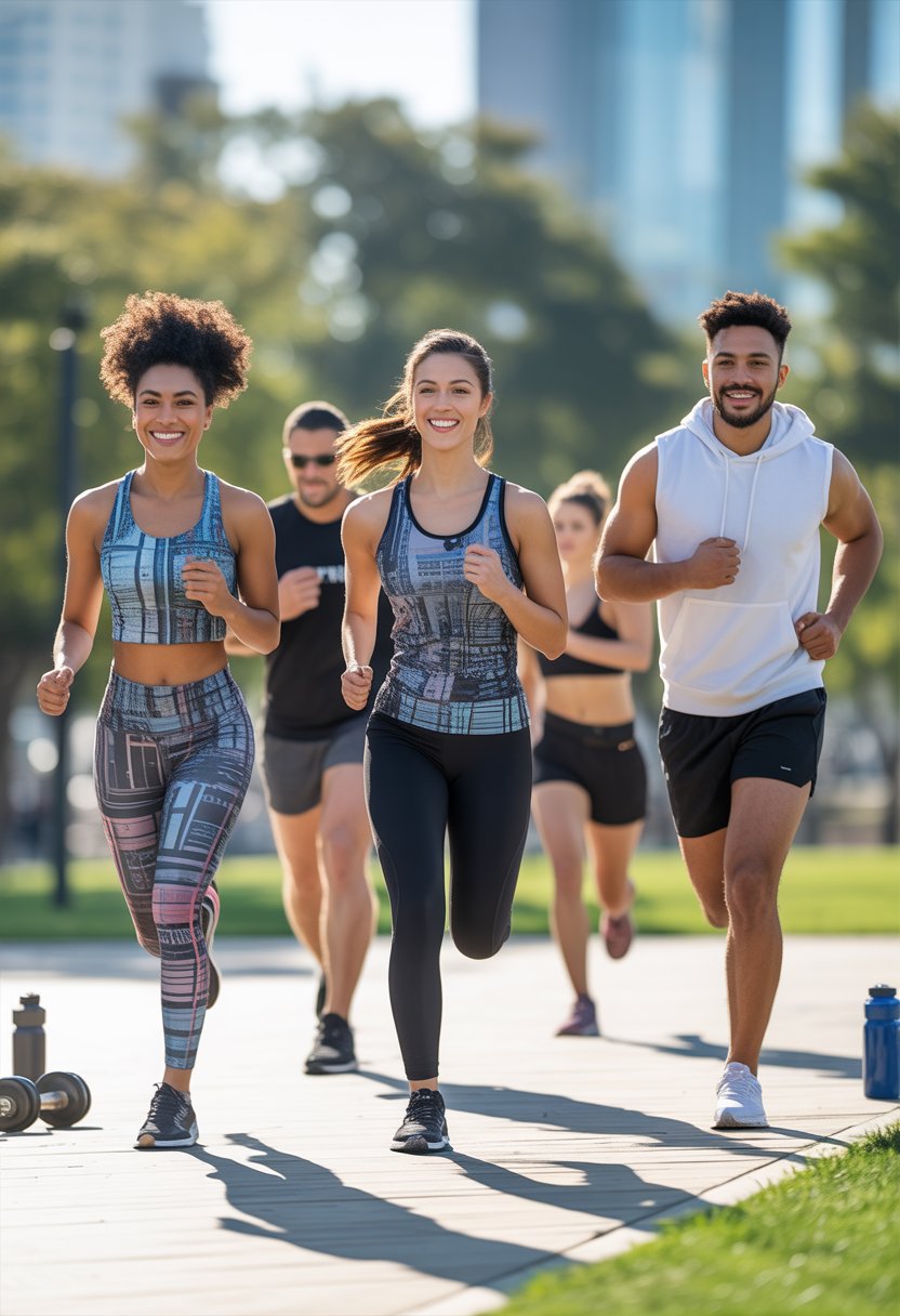 A diverse group of people exercising outdoors in a park wearing various fitness clothing, engaging in running, yoga, and strength training.