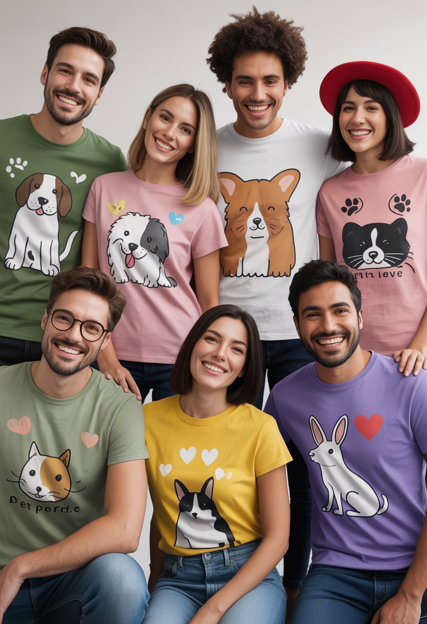 A group of diverse people smiling and wearing colorful pet-themed graphic t-shirts featuring dogs, cats, and other animals.