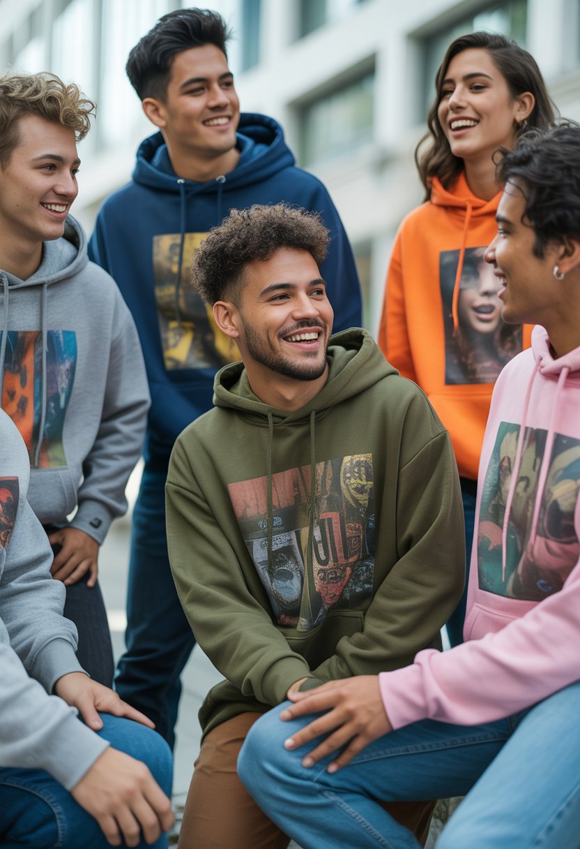 A group of young adults wearing colorful hoodies with funny graphic designs, smiling and posing outdoors in an urban setting.