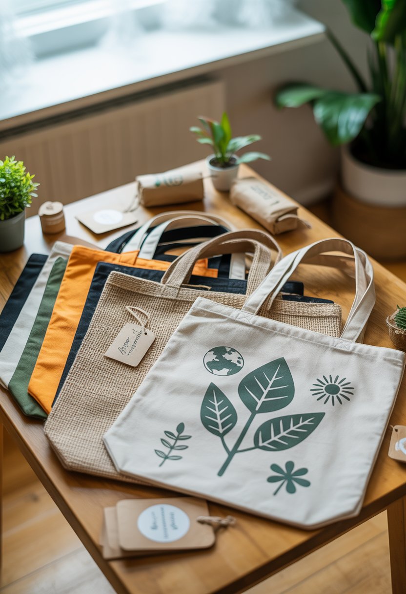 A collection of eco-friendly tote bags made from natural materials displayed on a wooden table with plants and recycled packaging nearby.