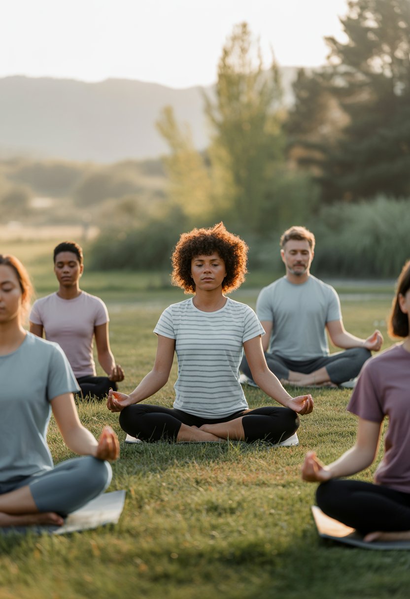 A group of people practicing yoga and meditation outdoors wearing comfortable shirts in a peaceful natural setting.