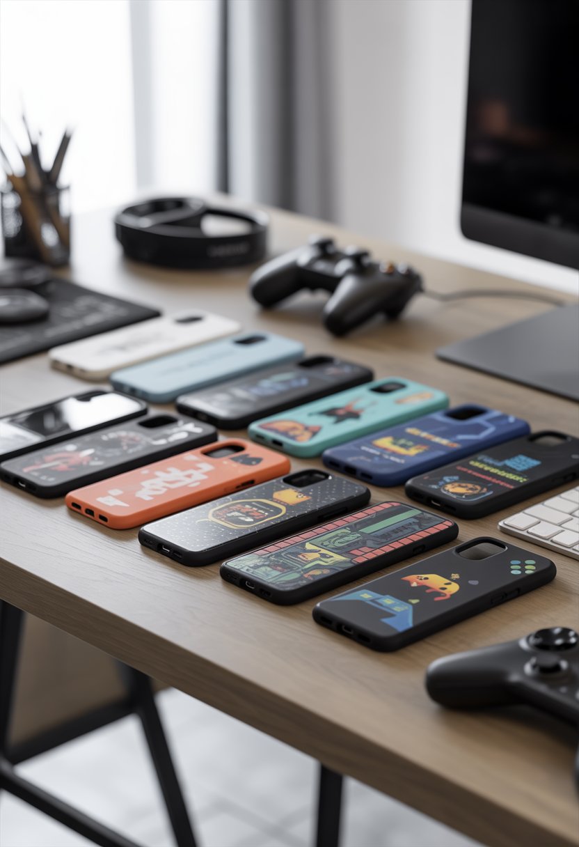 A collection of colorful gamer-themed phone cases displayed on a wooden table with gaming accessories nearby.