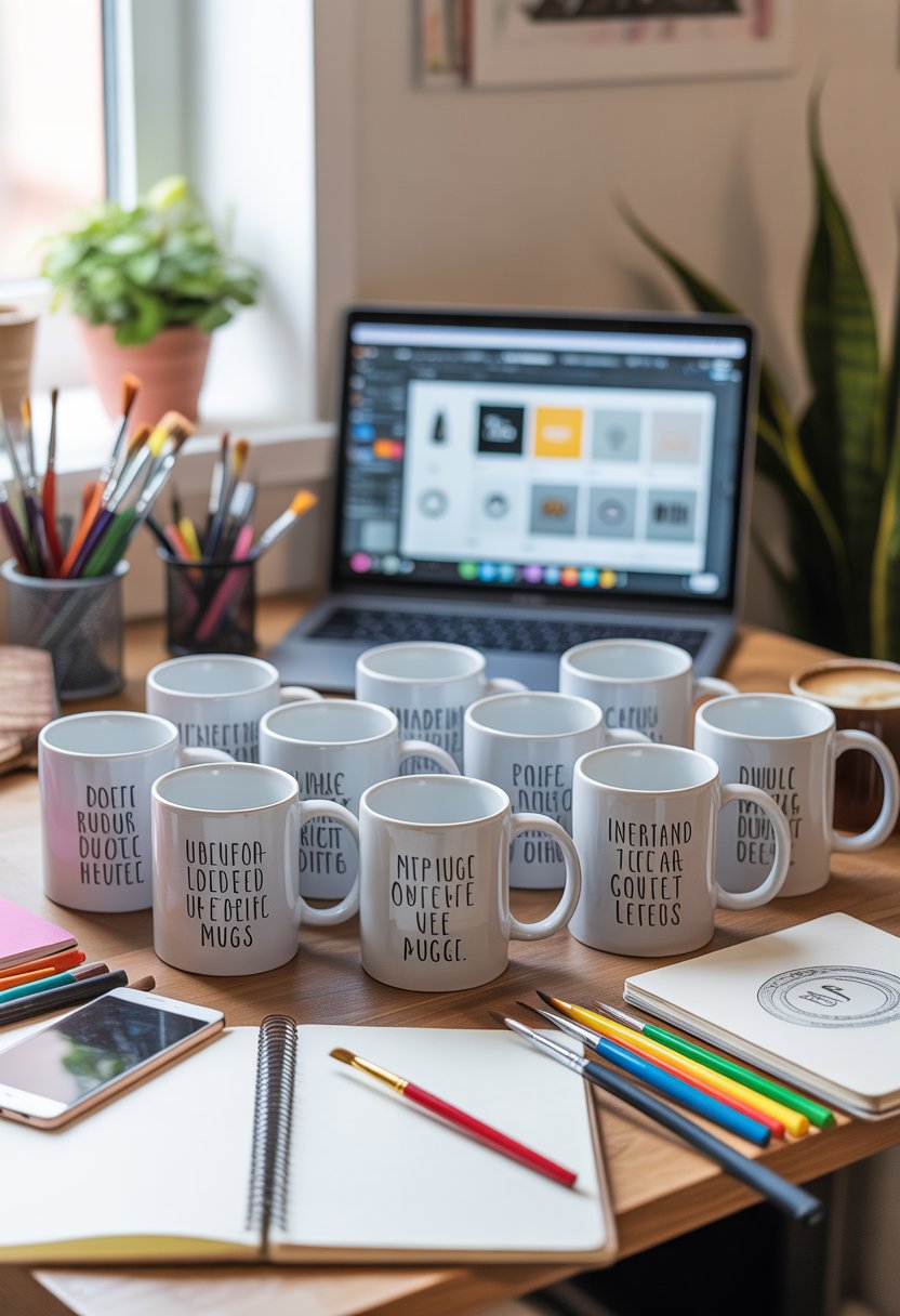 A workspace with plain white ceramic mugs on a wooden desk surrounded by art supplies, a laptop with design software, a potted plant, and a cup of coffee.