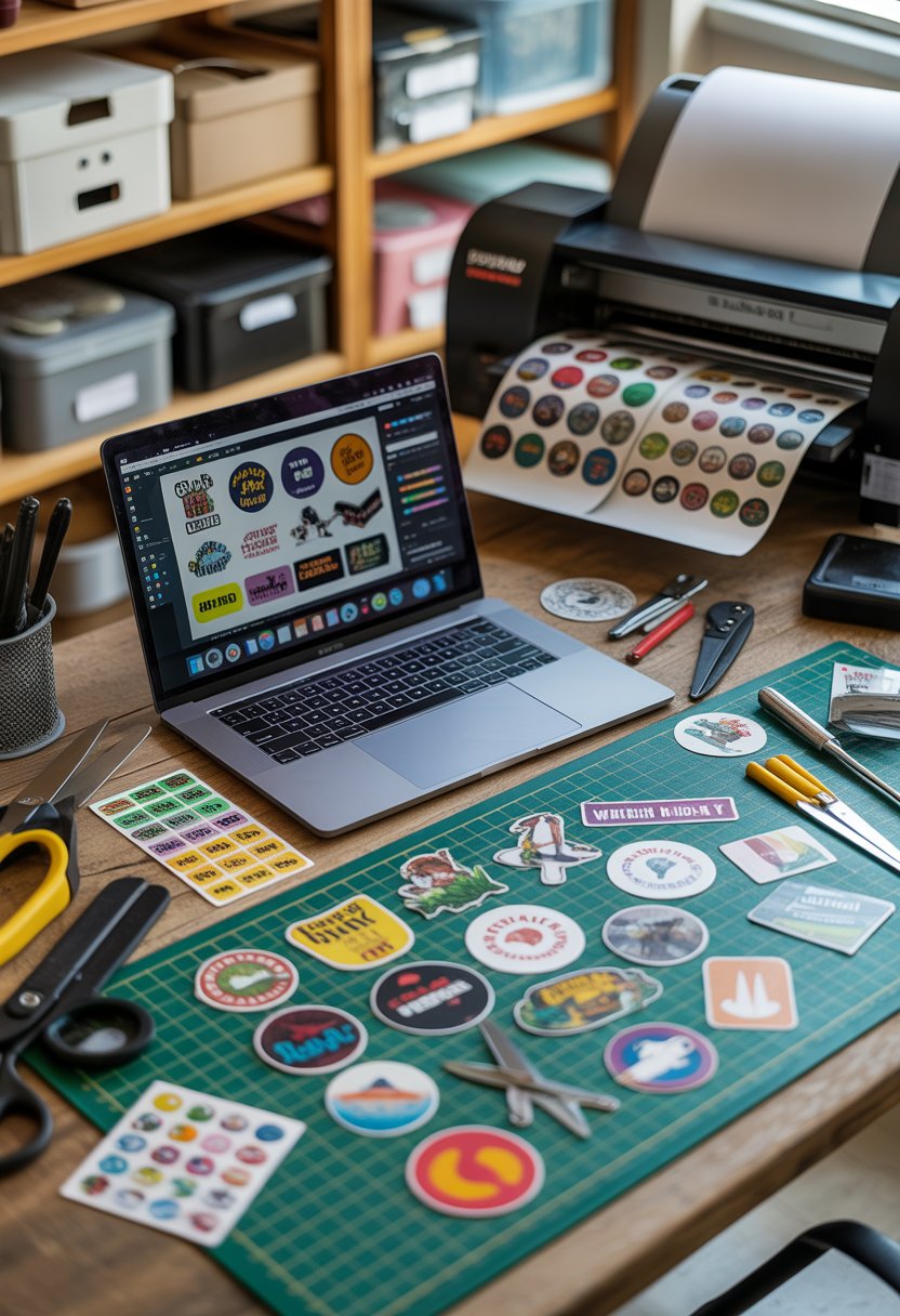 A workspace with a laptop, colorful hobby stickers, cutting tools, and a printer producing sticker sheets on a desk.