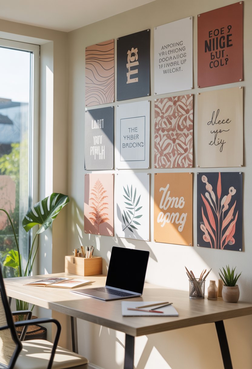 A modern home office with a desk, laptop, plants, and a wall decorated with various colorful art prints.