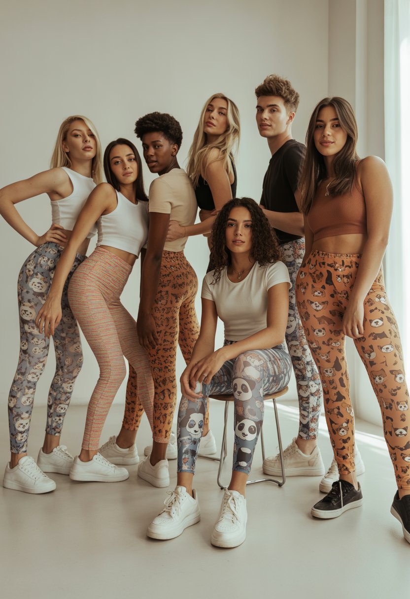 A group of young adults wearing colorful animal print leggings posing together in a bright studio.