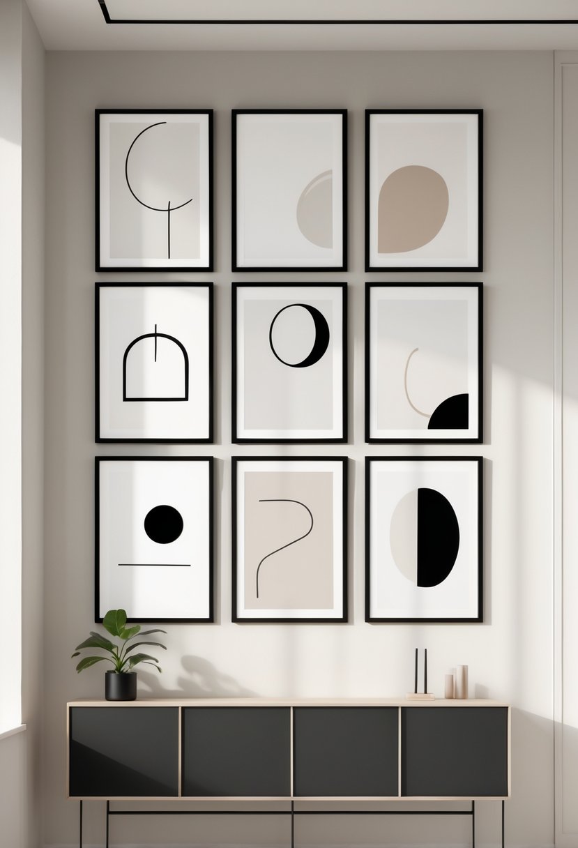 A wall displaying eight framed minimalist art pieces arranged in a neat grid above a wooden table with a plant and decorative items.