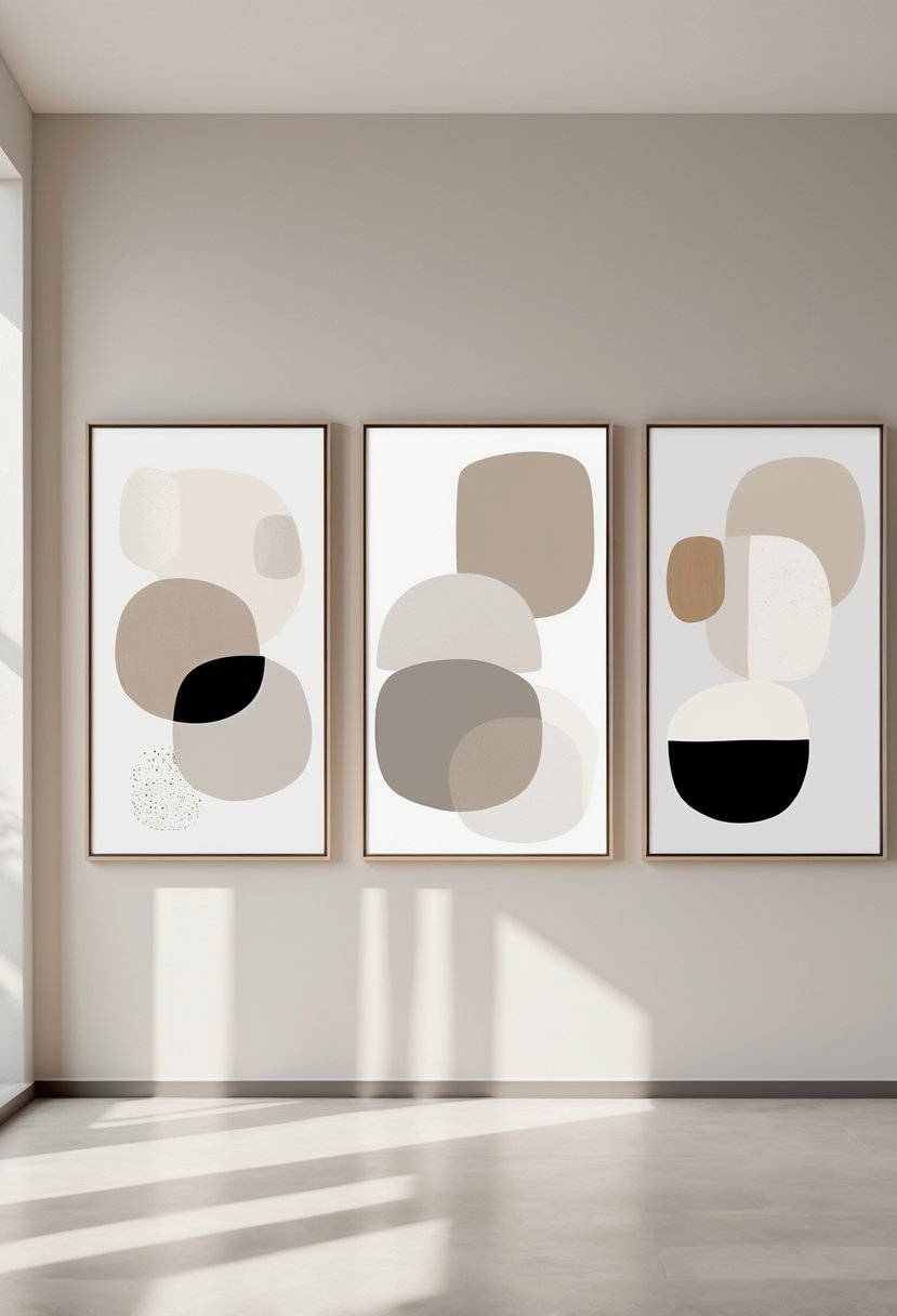 Three framed abstract artworks with neutral colors hanging side by side on a light wall.
