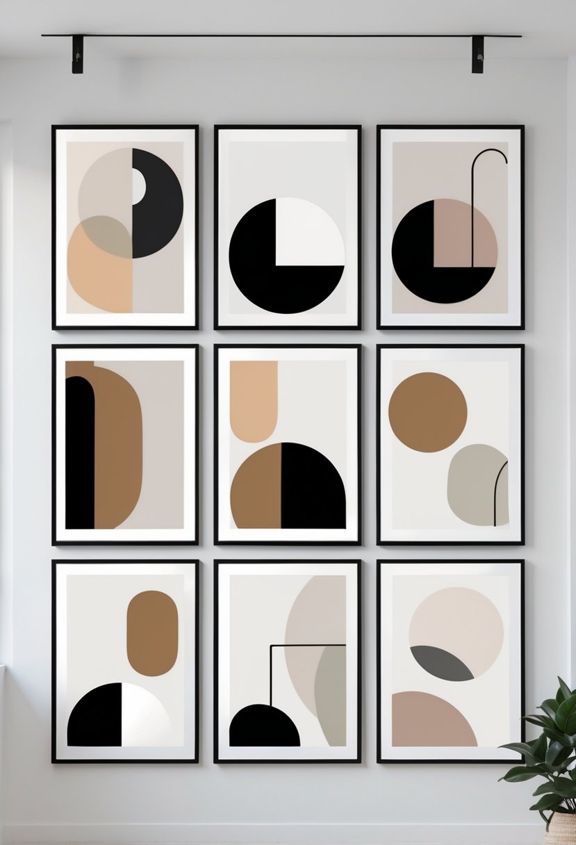 A collection of eight framed abstract artworks arranged on a white wall in a bright room.