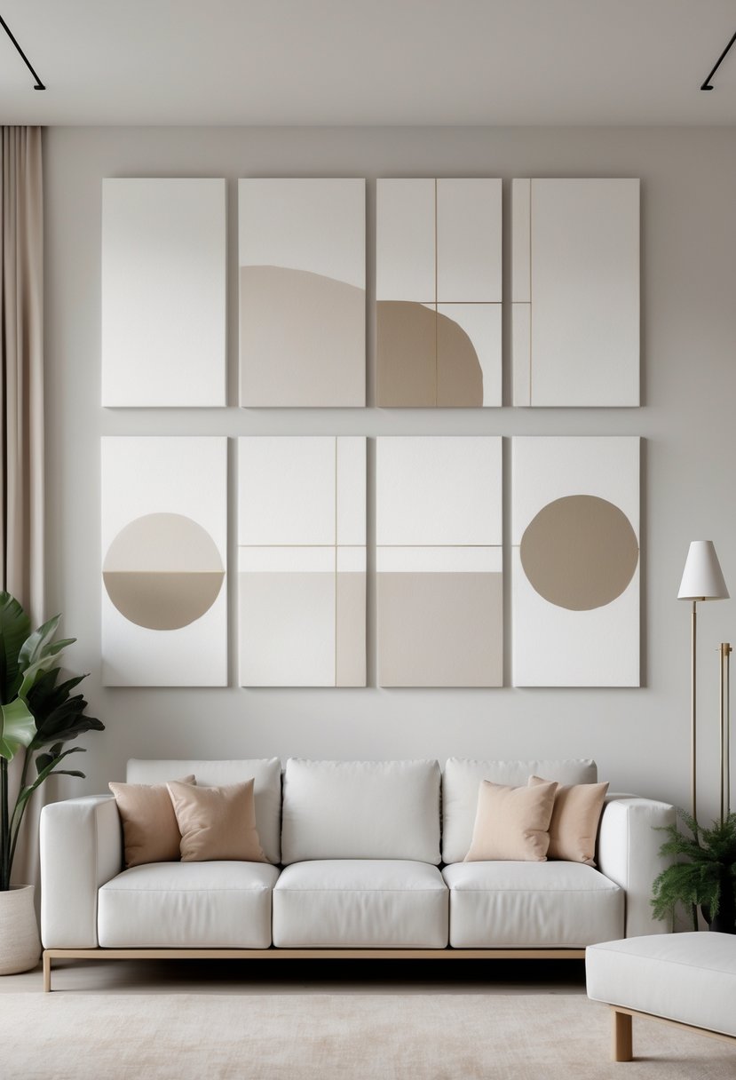 A living room wall with eight minimalist art panels arranged above a sofa, accompanied by a potted plant and floor lamp.