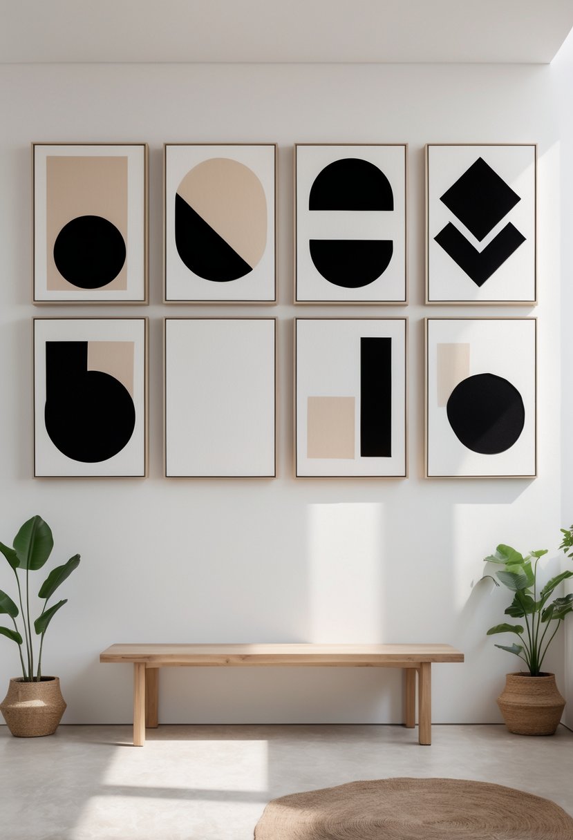 A set of eight abstract black and beige canvas prints arranged on a white wall above a wooden bench with some green plants nearby.
