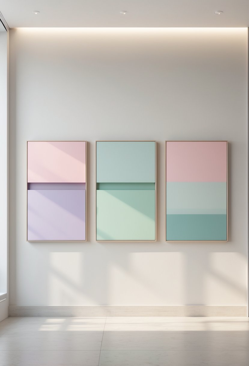 A set of three pastel-colored minimalist art pieces hanging side by side on a light wall in a modern room.