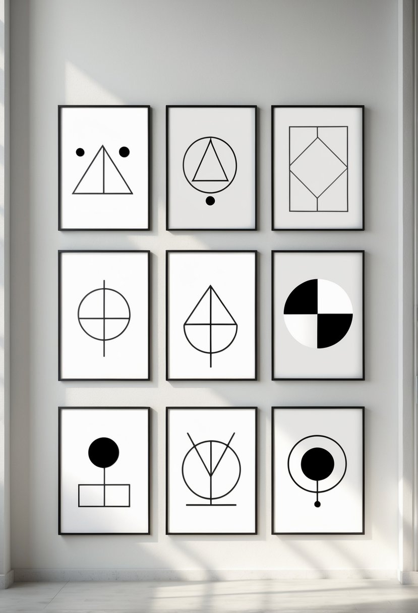 A white wall displaying eight framed geometric line art pieces arranged in a neat grid.