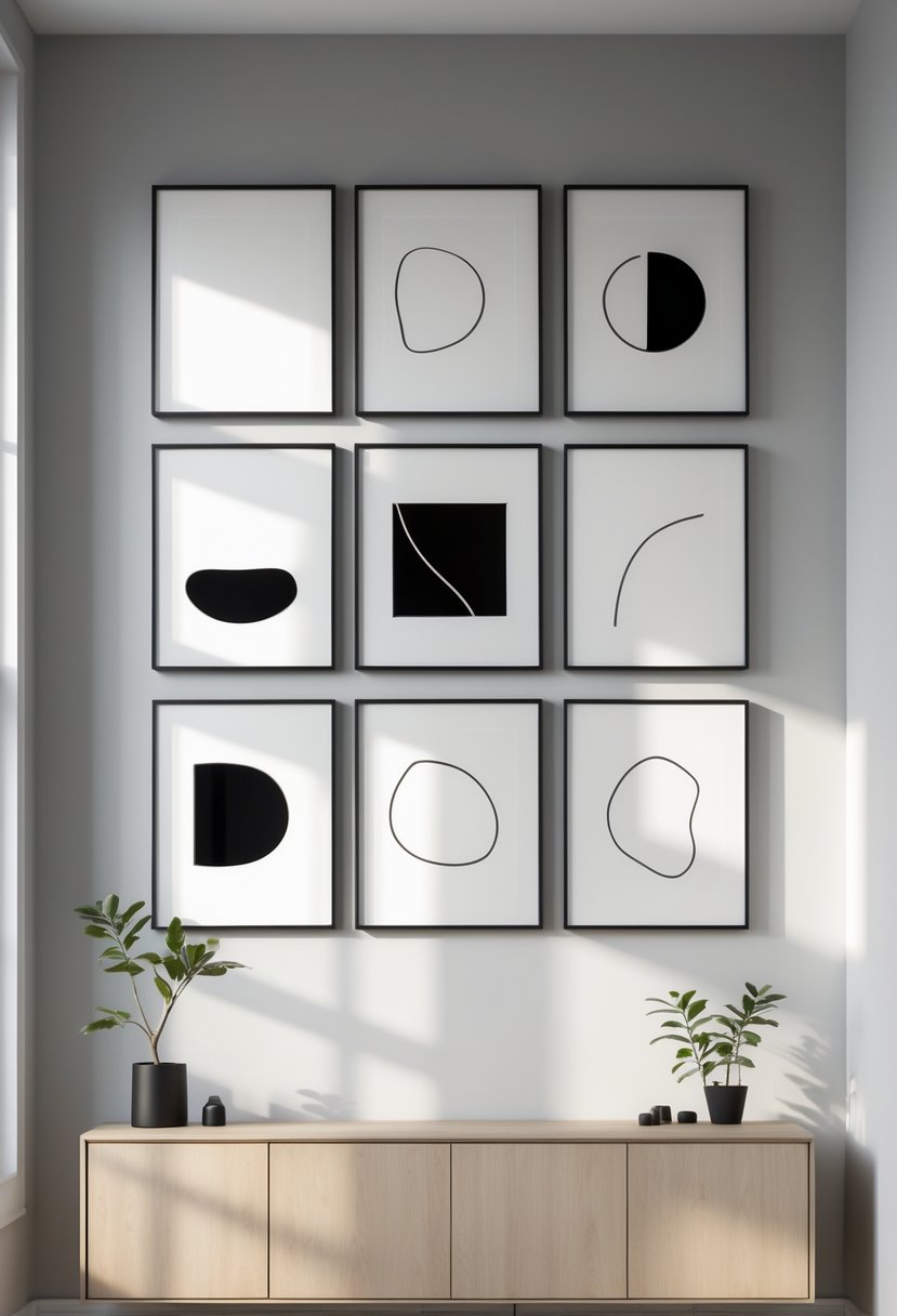 A modern room wall displaying eight black and white framed photographs arranged in two rows, above a wooden table with a small plant and decorative items.