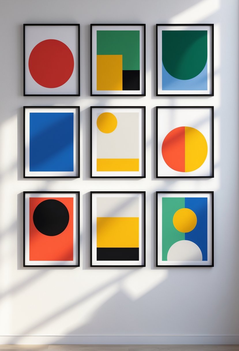 Eight colorful geometric art pieces displayed on a white wall in a bright room.