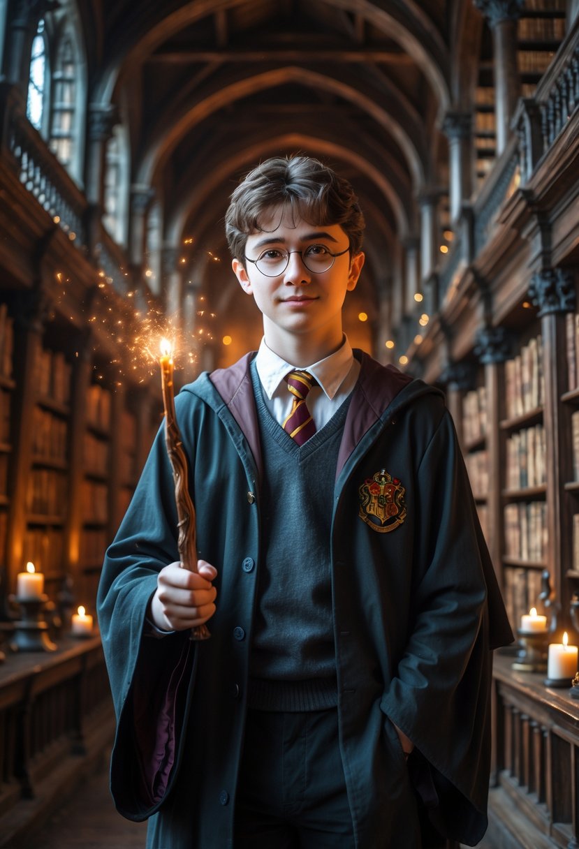 A young wizard wearing round glasses and a dark robe stands in a large, old library holding a glowing wand surrounded by books and magical artifacts.