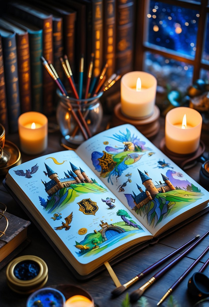 A sketchbook with colorful Harry Potter-themed illustrations on a wooden desk surrounded by art supplies and candles.