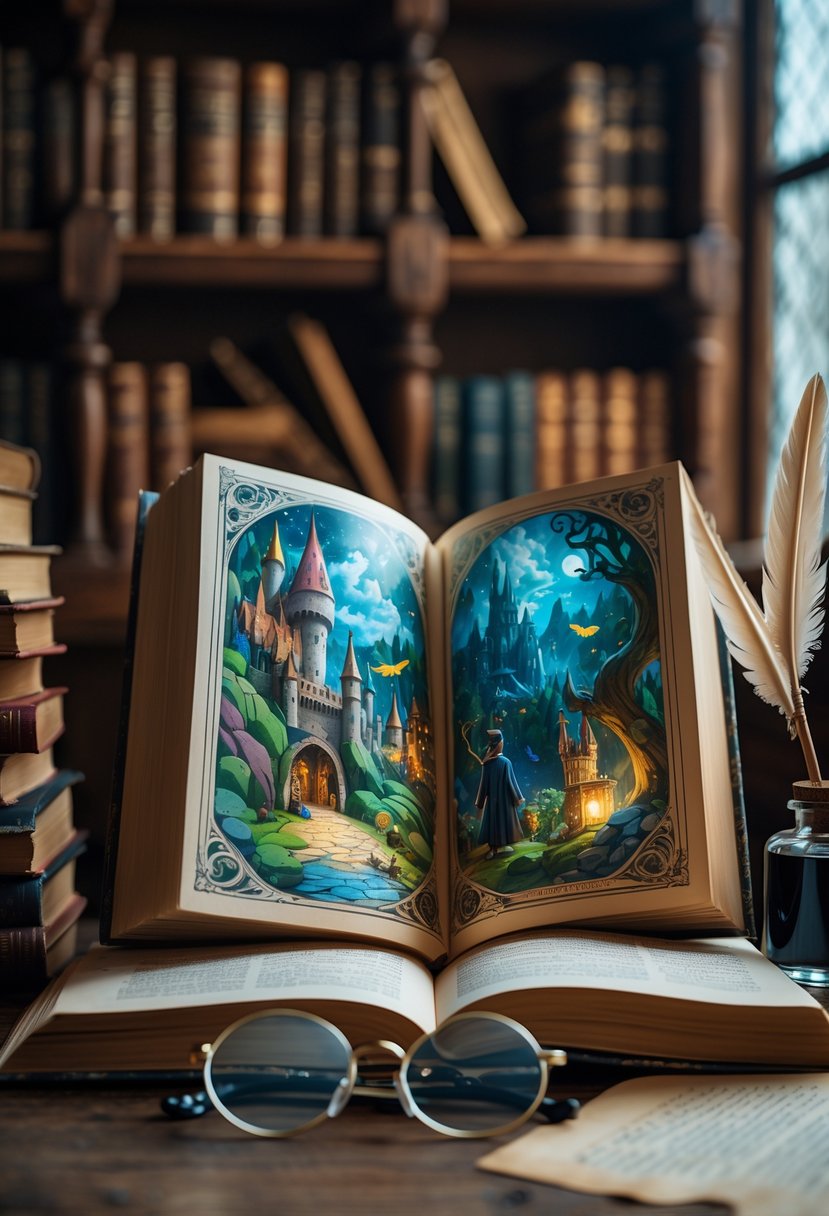 An open book with colorful magical illustrations on a wooden table surrounded by bookshelves and reading accessories.