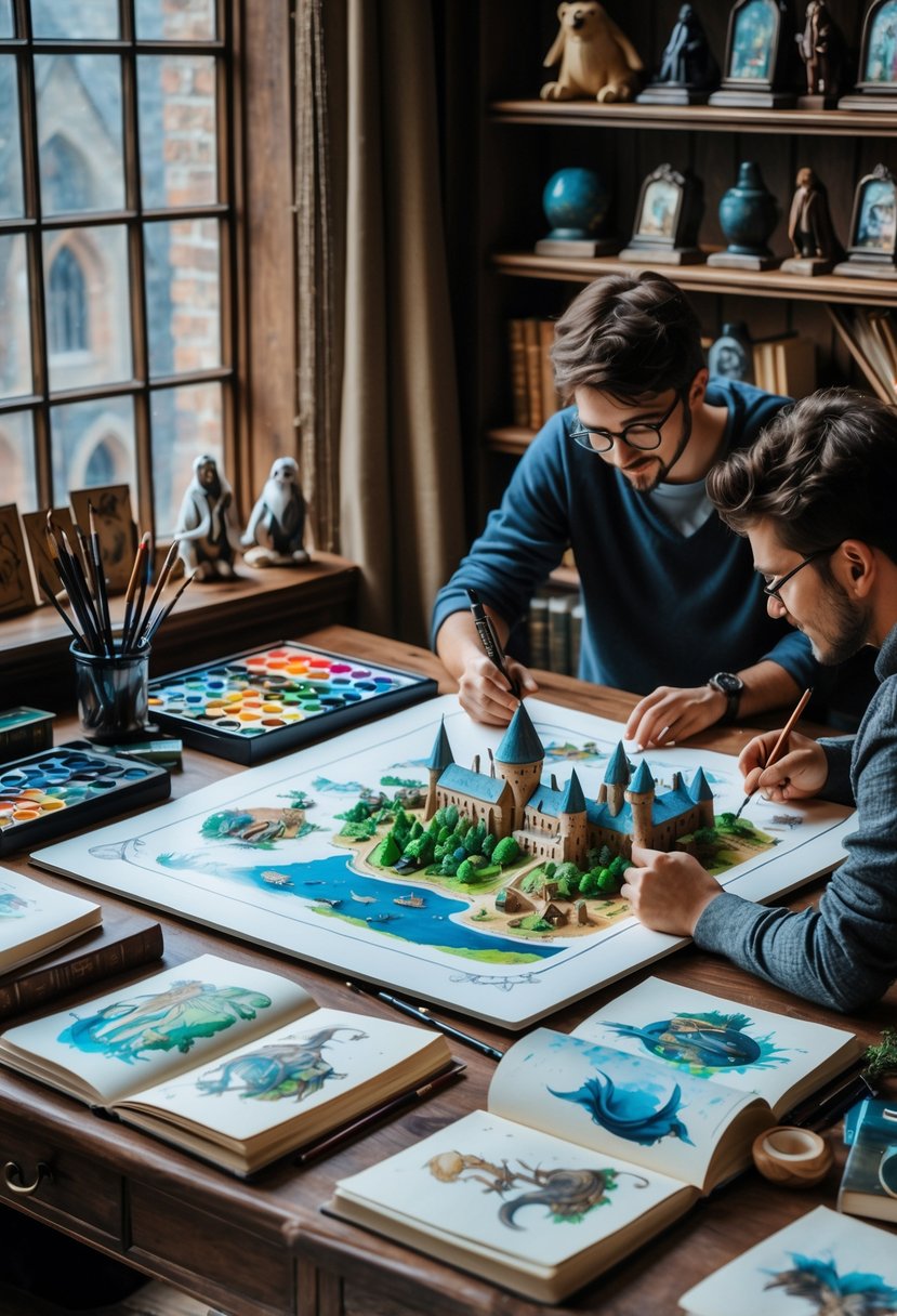 Two artists working together on a detailed Harry Potter illustration surrounded by art supplies and magical-themed decorations in a bright studio.