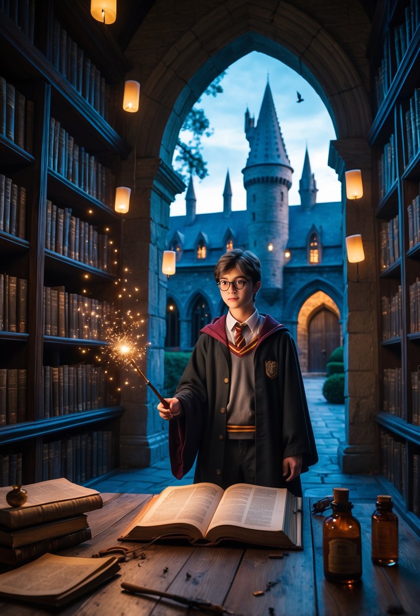A young wizard in robes stands in a dimly lit library filled with books and magical items, holding a glowing wand near an open book on a wooden table.