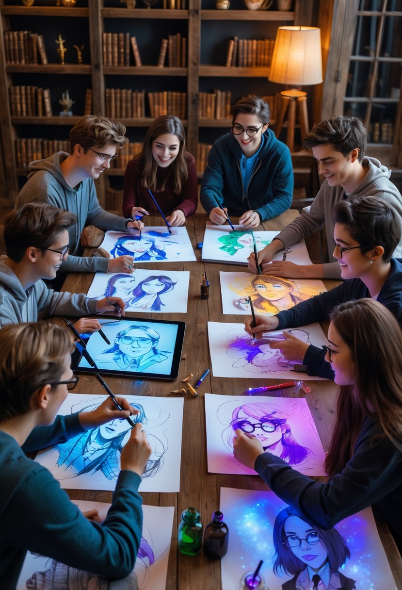 A group of young adults working together on magical-themed artwork in a cozy creative studio filled with art supplies and fantasy books.