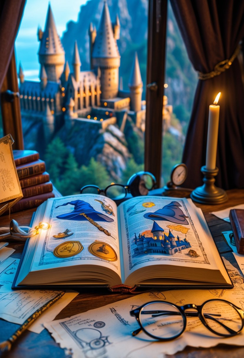 A cozy study room with an open book showing Harry Potter-themed illustrations and magical items on a wooden desk.