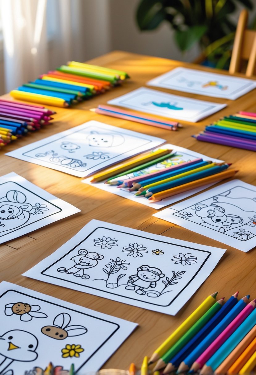 A table with kids' coloring pages and colorful art supplies arranged for coloring.
