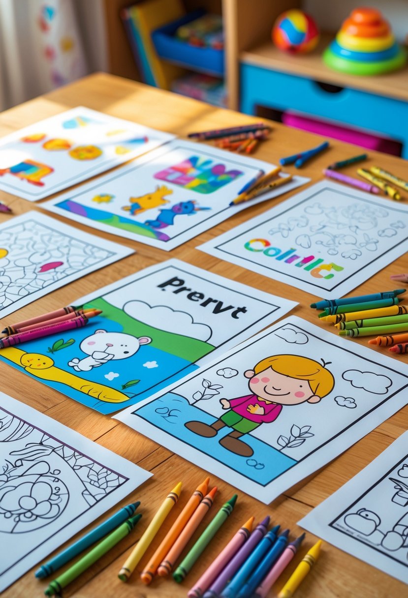 A table with various kids' coloring pages and colorful crayons and pencils, set in a child's playroom.
