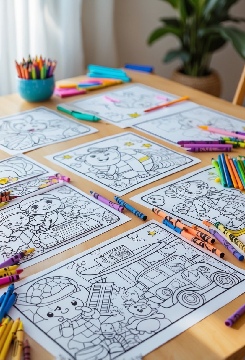 A table with children's coloring pages featuring popular characters and categories, surrounded by crayons and colored pencils.