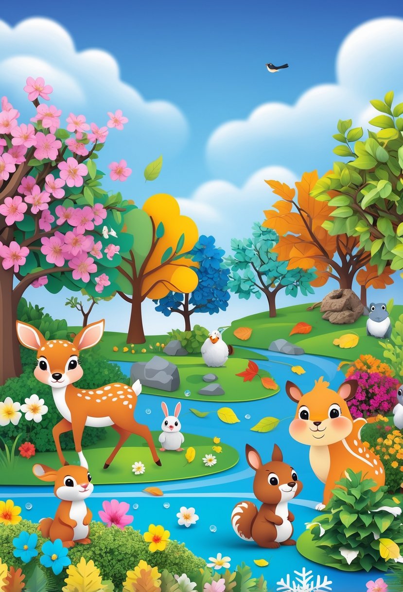 A colorful scene showing various animals like a deer, rabbit, bird, and squirrel among trees and plants representing spring, summer, autumn, and winter.