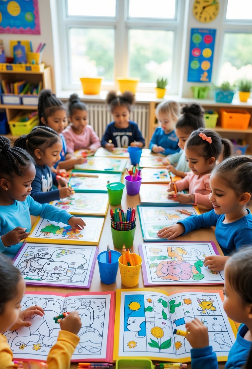 Children sitting around a table coloring creative and educational pages with crayons in a bright classroom.