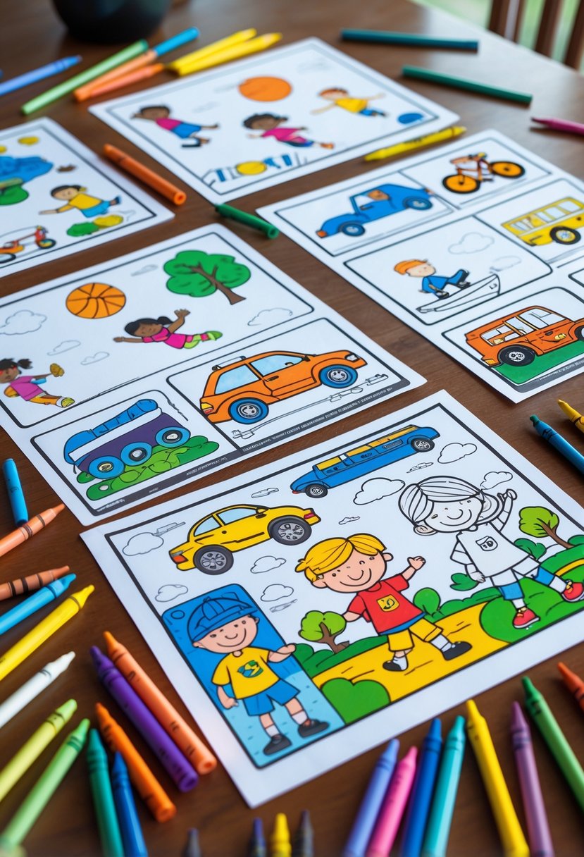 A table with coloring pages showing kids playing sports, various vehicles, and people, surrounded by crayons and colored pencils.