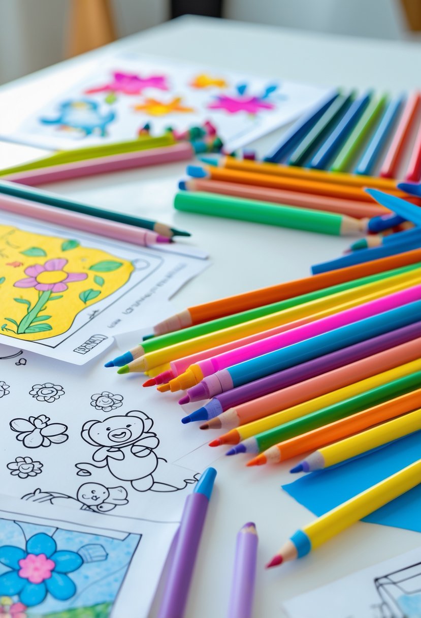 A table with colorful crayons, markers, colored pencils, paintbrushes, and partially colored children's coloring pages.