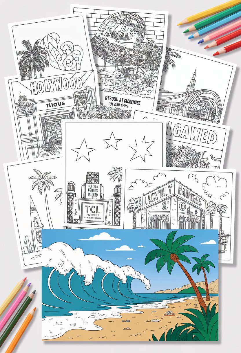 A collection of ten Los Angeles-themed coloring pages featuring Hollywood landmarks and beach scenes arranged on a white surface with colored pencils nearby.