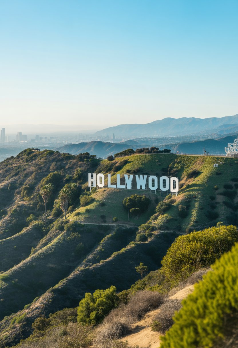 View of the Hollywood Sign on green hills with a clear blue sky and the city of Los Angeles in the background.