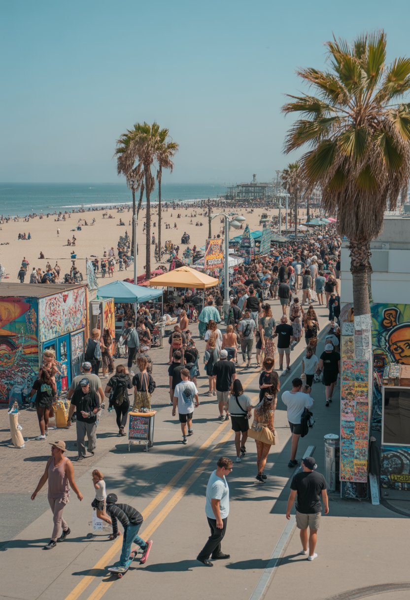 A busy Venice Beach boardwalk with people walking, skateboarding, vendor stalls, palm trees, and the beach and ocean in the background.