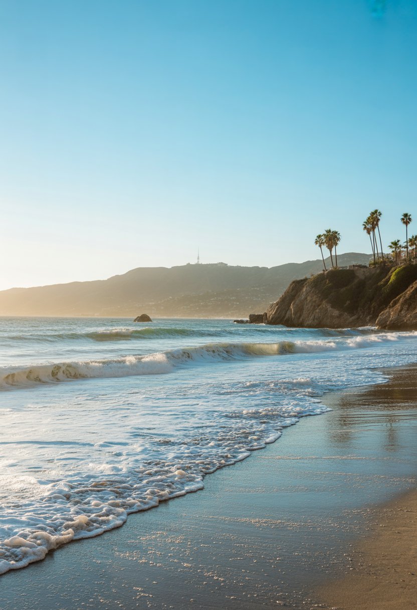 A sunny view of Malibu Beach with ocean waves gently reaching the sandy shore and palm trees along the coastline.