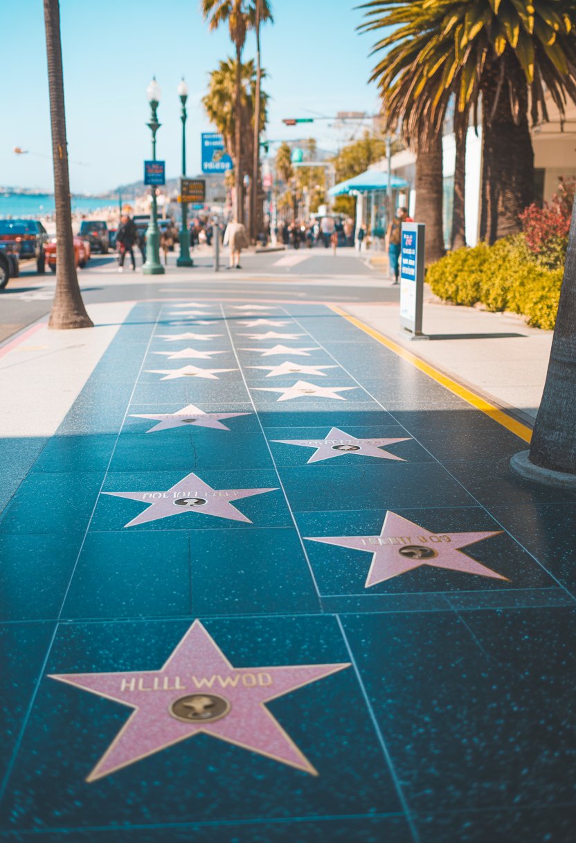 Section of the Hollywood Walk of Fame sidewalk with several stars, palm trees, and a sunny coastal city background.