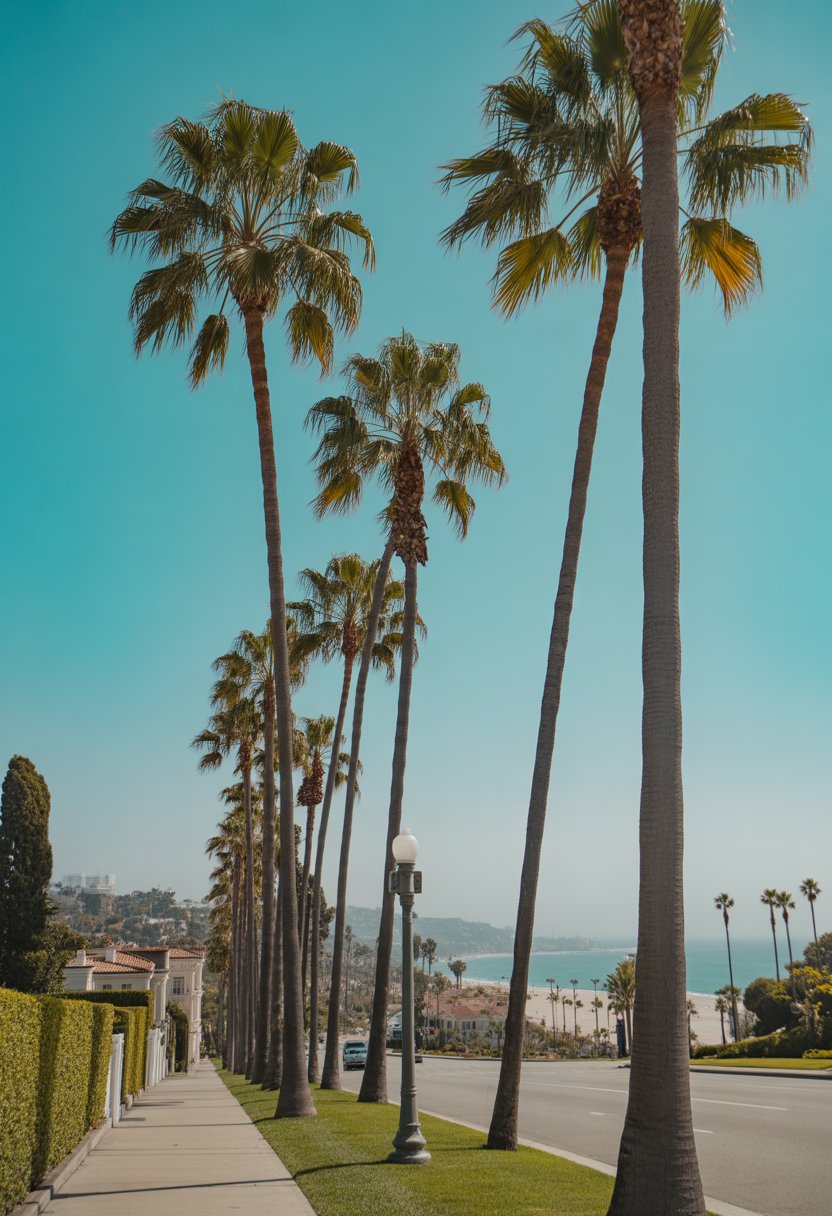 A sunny street in Beverly Hills lined with tall palm trees and upscale homes, with the ocean visible in the distance.