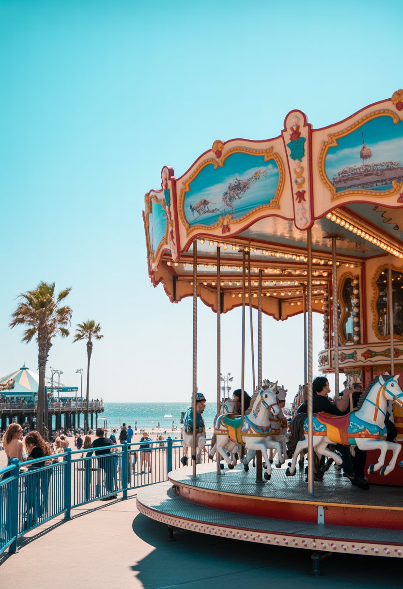 Santa Monica Pier Carousel with painted horses and people enjoying the beach and ocean in the background.
