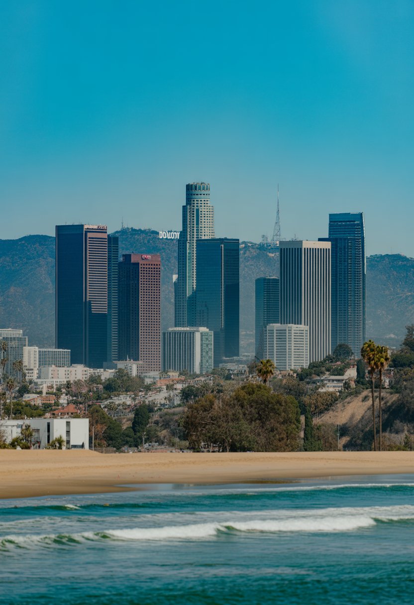 View of downtown Los Angeles skyline with skyscrapers, Hollywood Hills in the background, and nearby sandy beaches with ocean waves.
