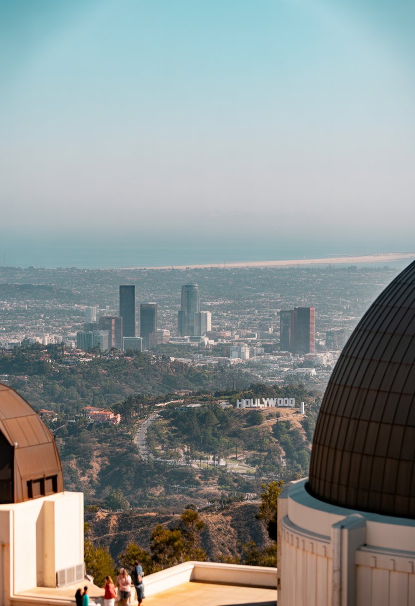 View from Griffith Observatory showing the Hollywood sign, Los Angeles cityscape, and distant beaches under a clear sky.