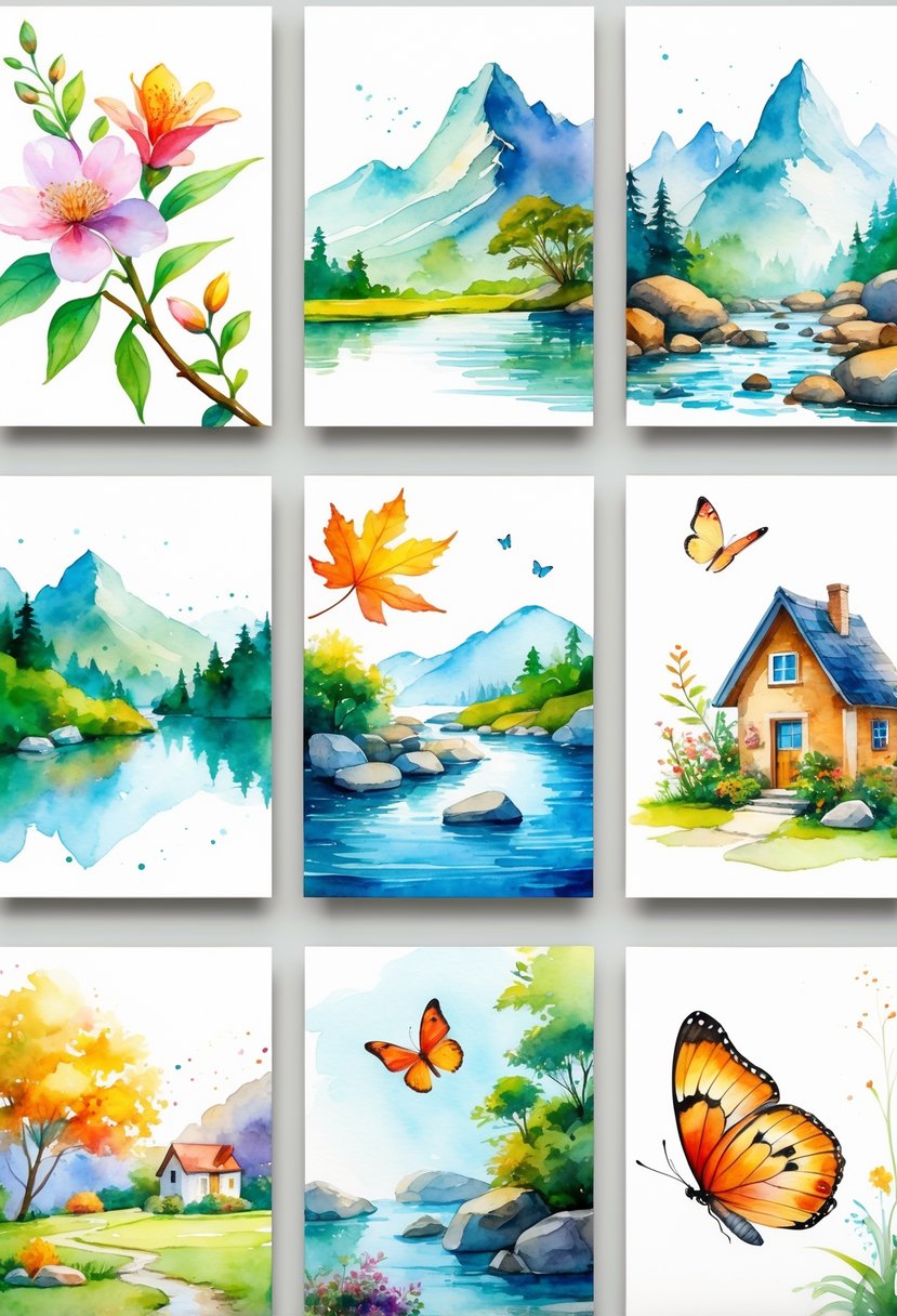Eight different watercolor paintings of a flower, mountain, bird, river, leaf, house, butterfly, and seashell arranged on a white background.